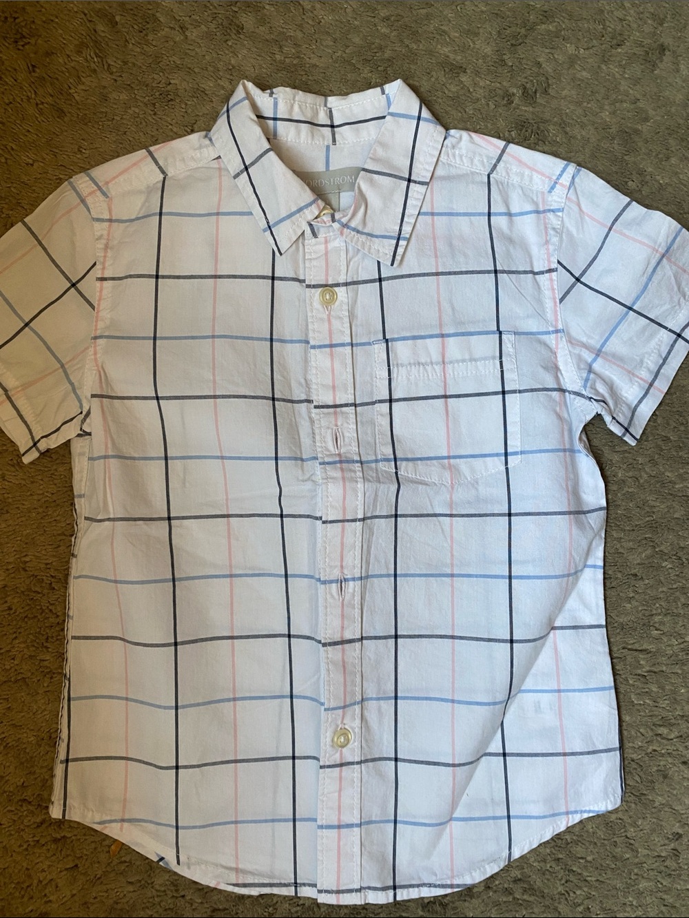 Nordstrom White Short-Sleeve Button-Down Shirt with Blue and Pink Windowpane